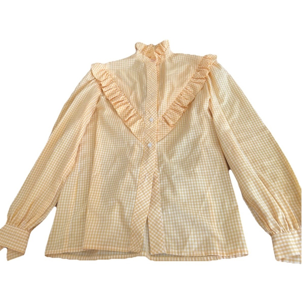 VTG 70s Western Top Ruffle Prairie Orange Gingham Plaid High Neck Medium FLAW